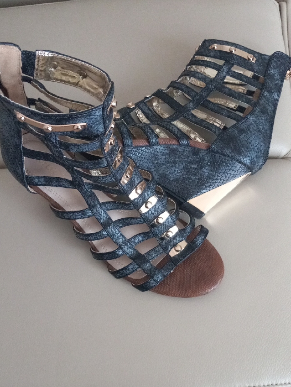 Women's Black Strappy Wedge Sandals with Gold Accents Size 7M